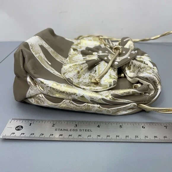 Vintage 80s Terry Toni Shoulder Bag Purse Hand Painted White Gold Leather Brown - Picture 14 of 16